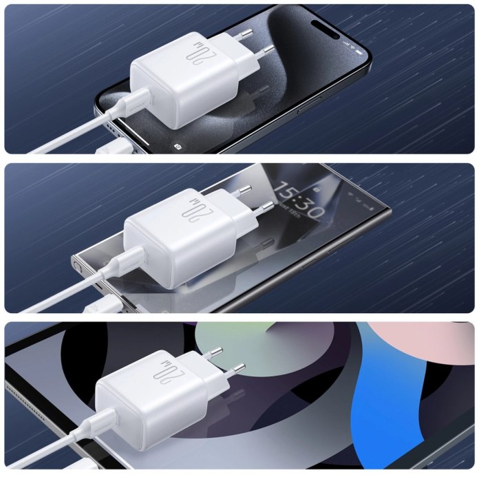 Trzy ujęcia podłączonych Ładowarek sieciowych Joyroom JR-TCF20 do różnego rodzaju urządzeń